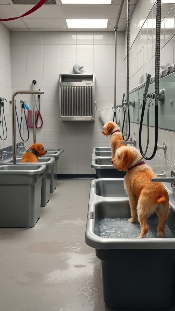 A commercial dog washing station with multiple tubs and dogs being washed.