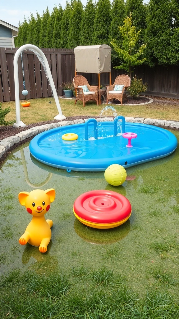 A colorful water play zone featuring a splash pad, inflatable toys, and seating for relaxation.