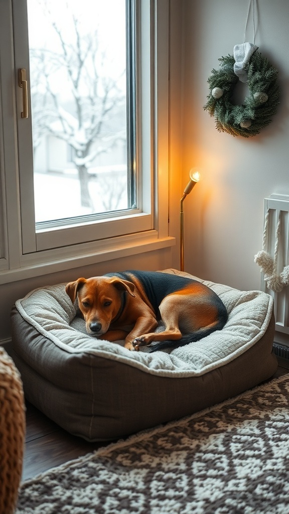 A dog resting comfortably in a heated bed by a window with a snowy view.