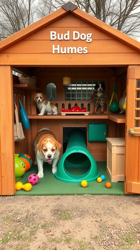 A colorful dog house with a play area featuring toys, a green tunnel, and happy dogs.