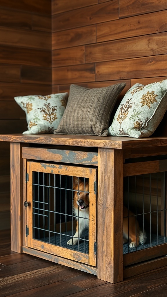 A rustic wooden dog crate bench with pillows and a dog inside.