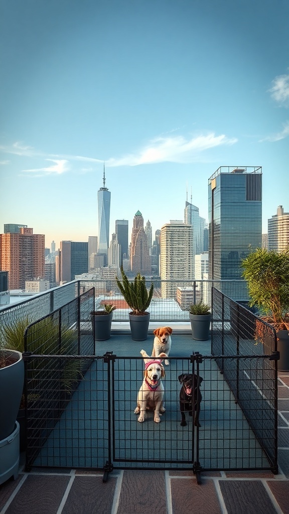A rooftop dog run with two dogs in a fenced area, overlooking a city skyline.