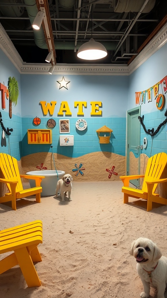 A beach-themed dog washing station with sandy floor, colorful decor, and two dogs.