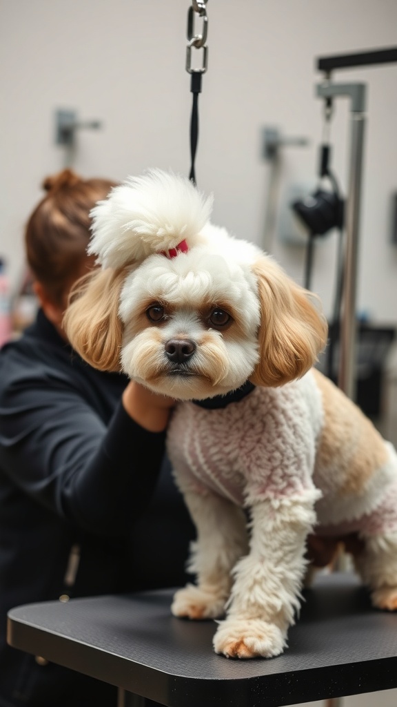 A small dog with a fluffy coat and topknot being groomed