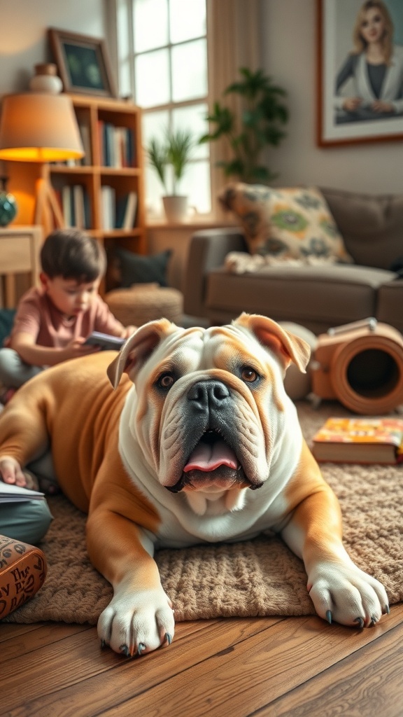 A bulldog lying on the floor with children reading books around it, showcasing a calm family environment.