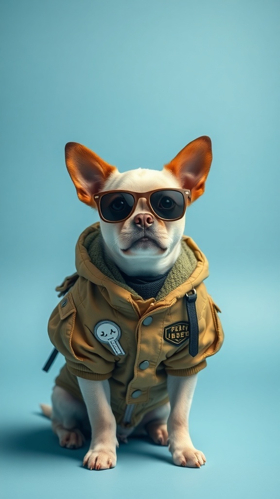 A stylish dog wearing a jacket and sunglasses, showcasing customizable pet fashion.