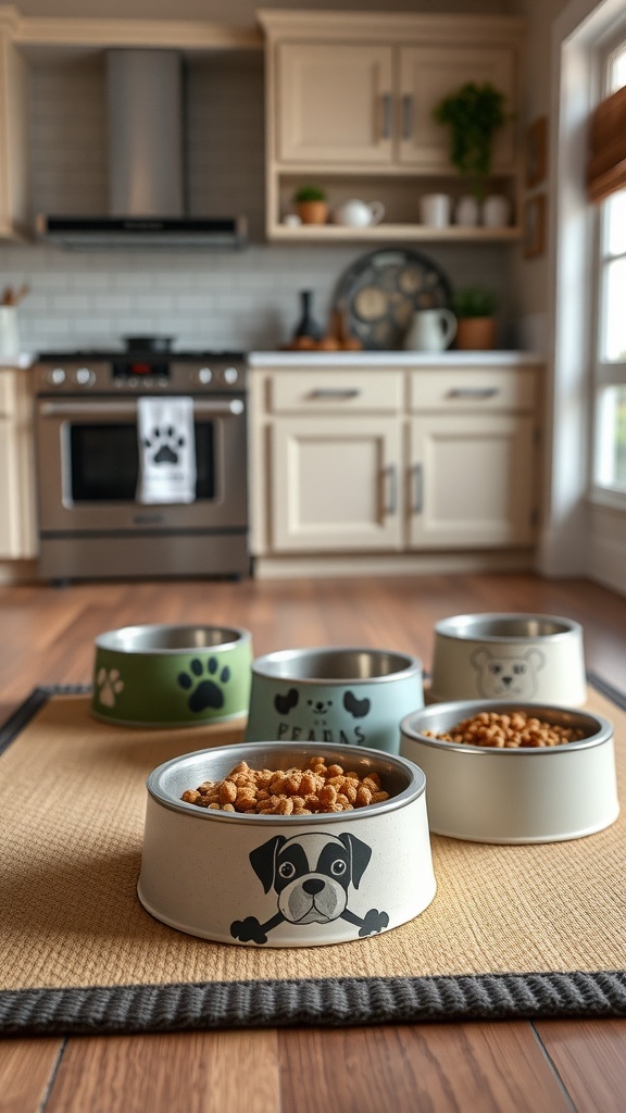 A cozy kitchen with custom dog food bowls featuring playful designs and a warm atmosphere.