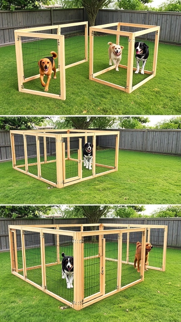 A modular dog run made of wooden crates with two dogs playing around it.