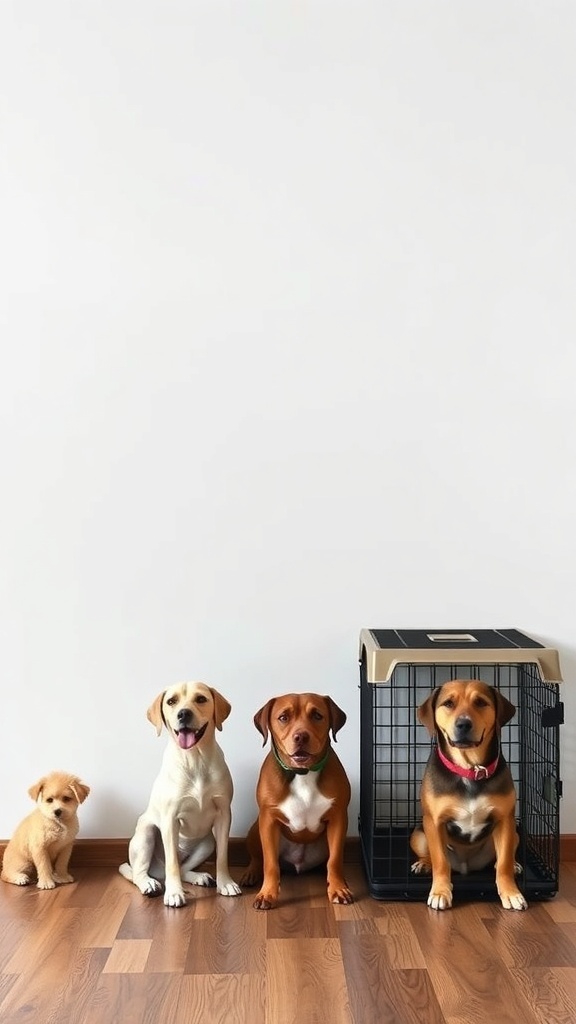 A lineup of four dogs of varying sizes, with one dog inside a crate, showcasing the importance of choosing the right size for a dog crate.