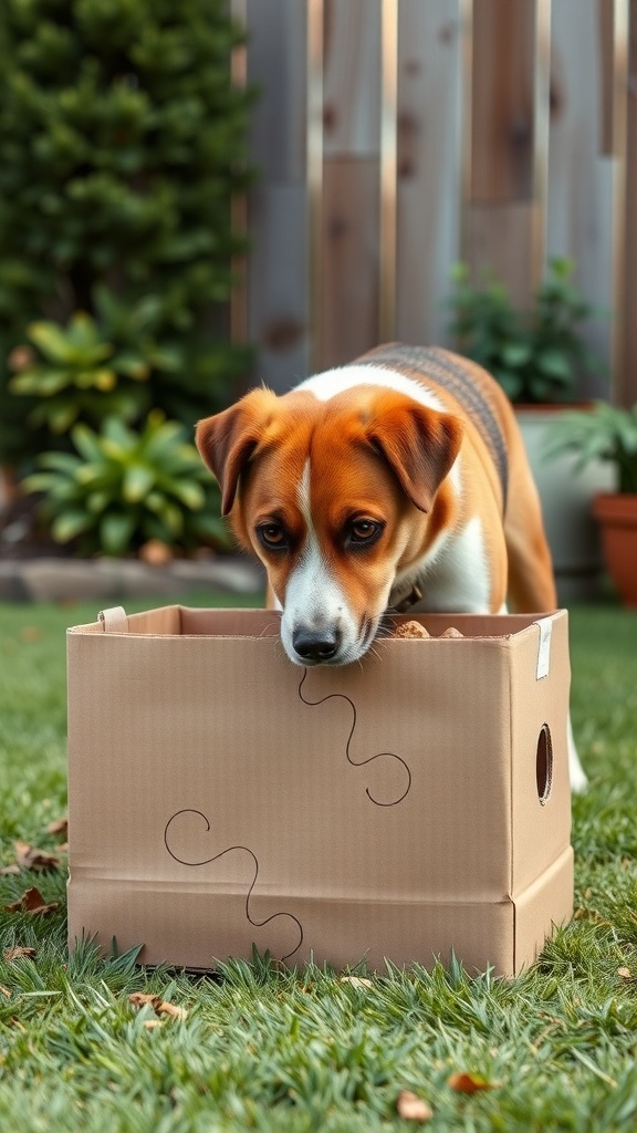 A dog curiously exploring a cardboard box puzzle in a garden.