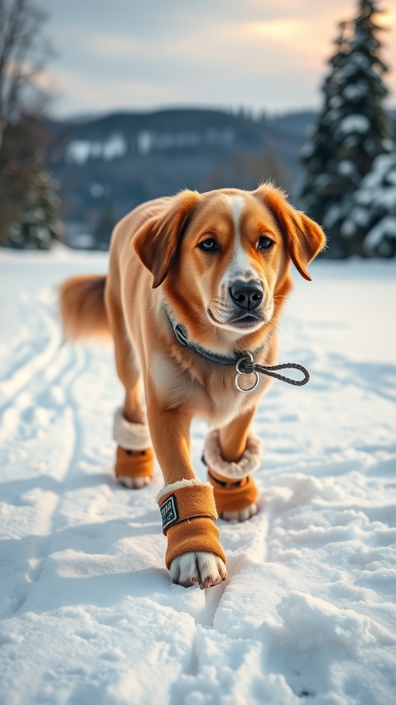 A dog wearing warm booties walking in the snow