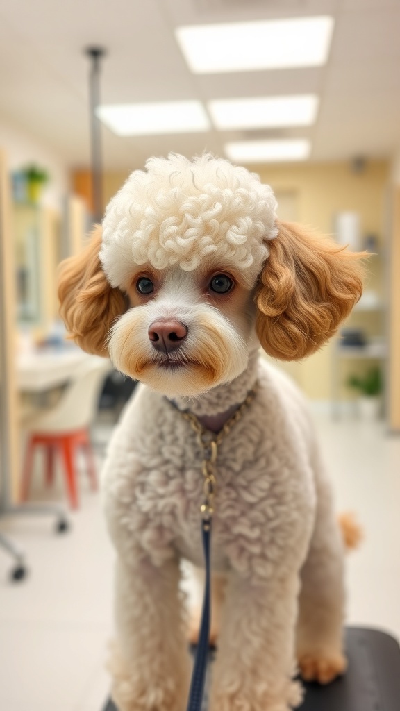A groomed poodle with a fluffy curly coat, showcasing a stylish haircut.