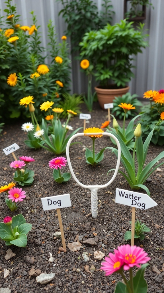 A colorful memorial garden with flowers and plant markers for a dog.