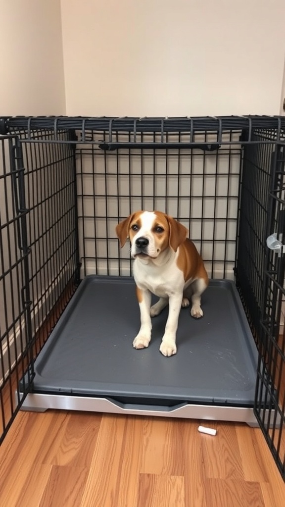 A dog sitting in a crate with a removable bottom for easy cleaning.