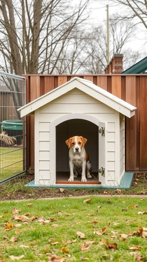 A cozy insulated dog shelter with a dog sitting inside, surrounded by a grassy area and trees.