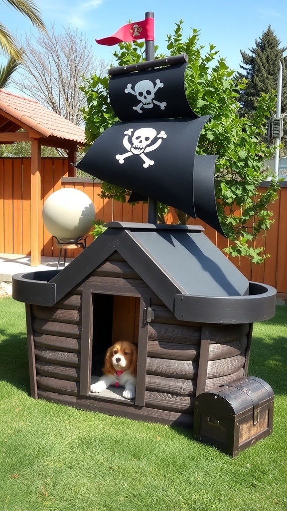 A dog house designed like a pirate ship with a dog inside, featuring a skull and crossbones sail and a treasure chest.