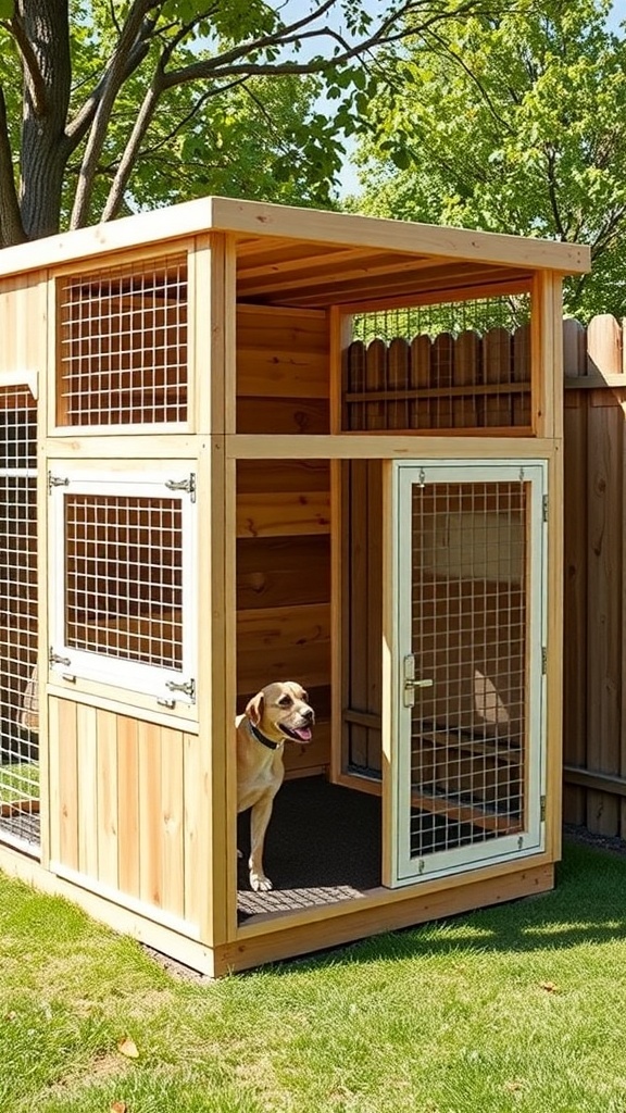 Customizable modular dog kennel design with various configurations and options.