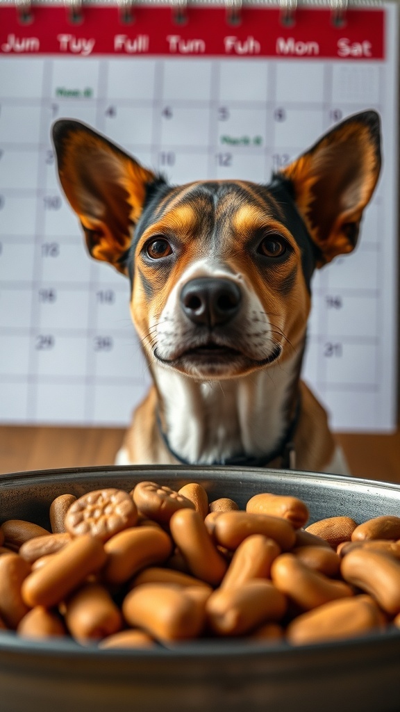 A close-up of a dog food package showing an expiration date label and a calendar in the background.