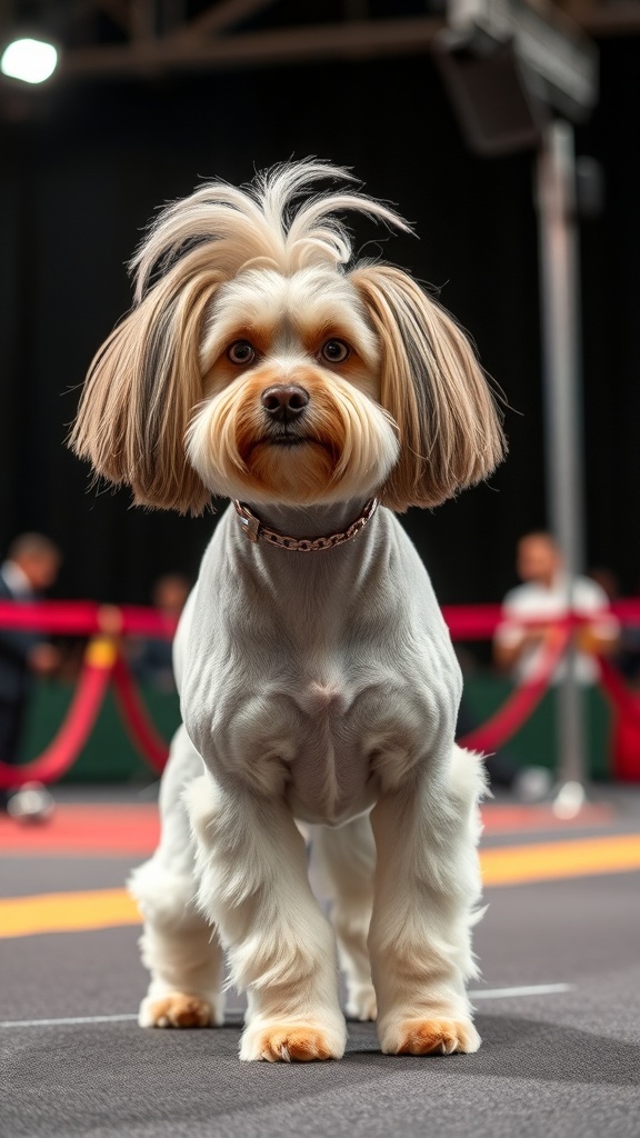 A well-groomed show dog with a stylish haircut, standing confidently on a show floor.