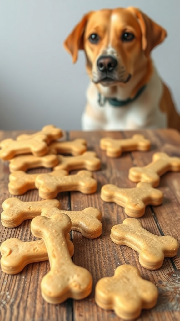 A collection of peanut butter and banana dog biscuits shaped like bones, with a dog in the background looking at them.