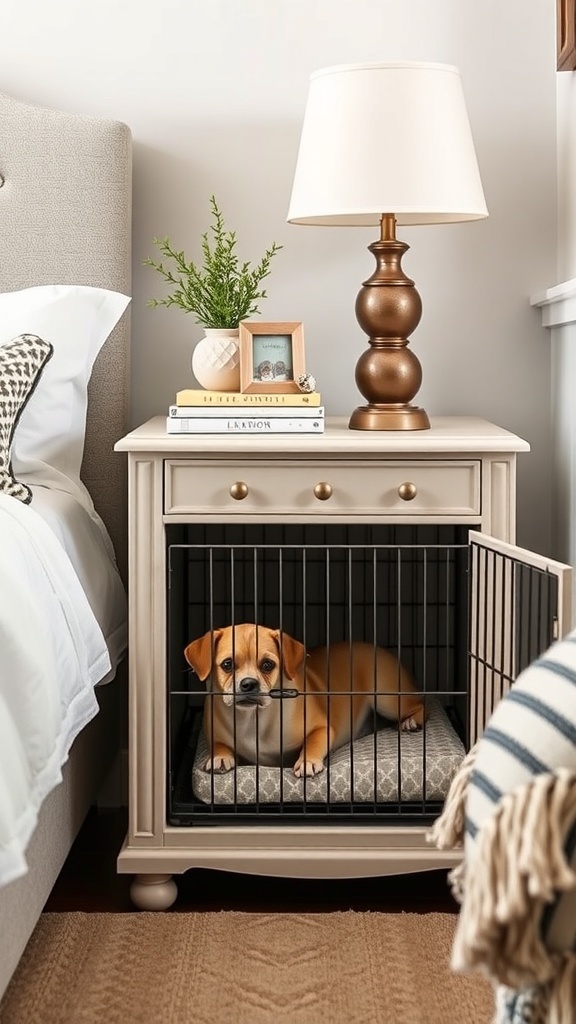 A chic dog crate nightstand with a dog inside, featuring a lamp and a plant on top.