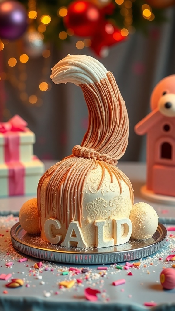 A whimsical dog cake designed to look like a wagging tail, decorated with frosting and colorful sprinkles.