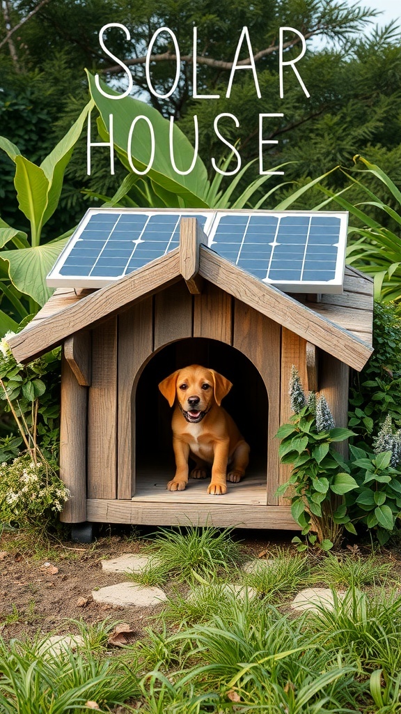 A solar-powered dog house with a happy dog inside, surrounded by greenery.