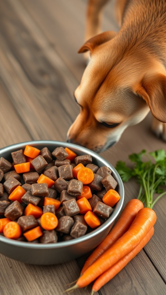 A bowl of beef and carrot dog food with fresh carrots on the side