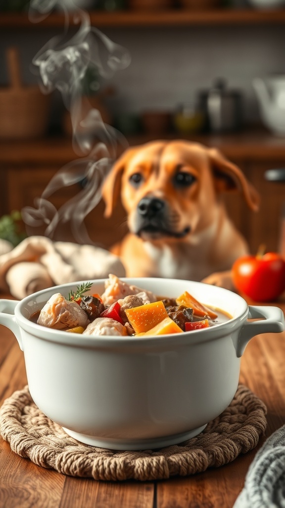 A steaming pot of turkey and vegetable stew with a dog in the background waiting for a taste.