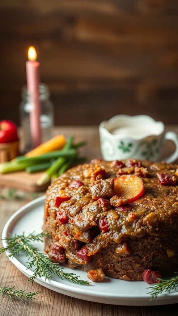A delicious beef and vegetable cake for dogs, garnished with colorful veggies and a candle.