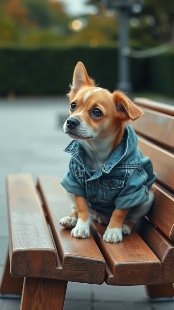 A small dog wearing a denim jacket sitting on a wooden bench.
