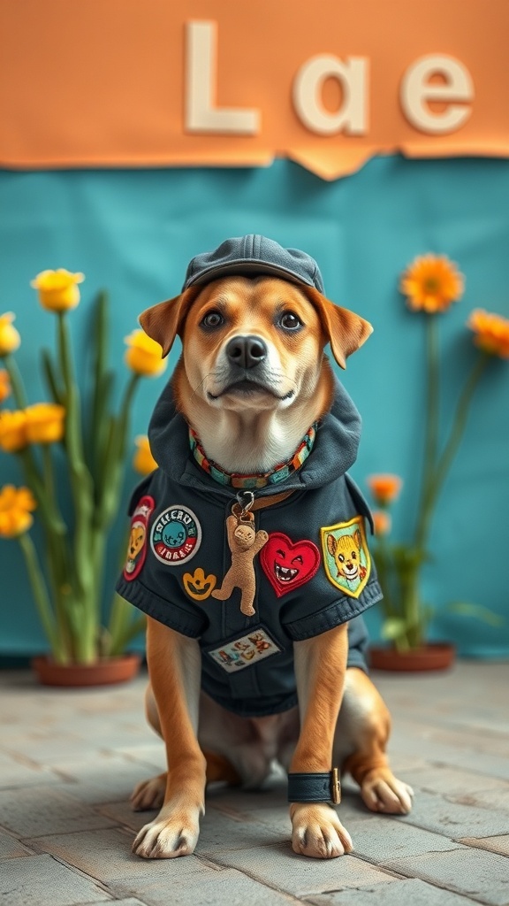 A stylish dog wearing a customizable outfit with patches and a hat, surrounded by flowers.