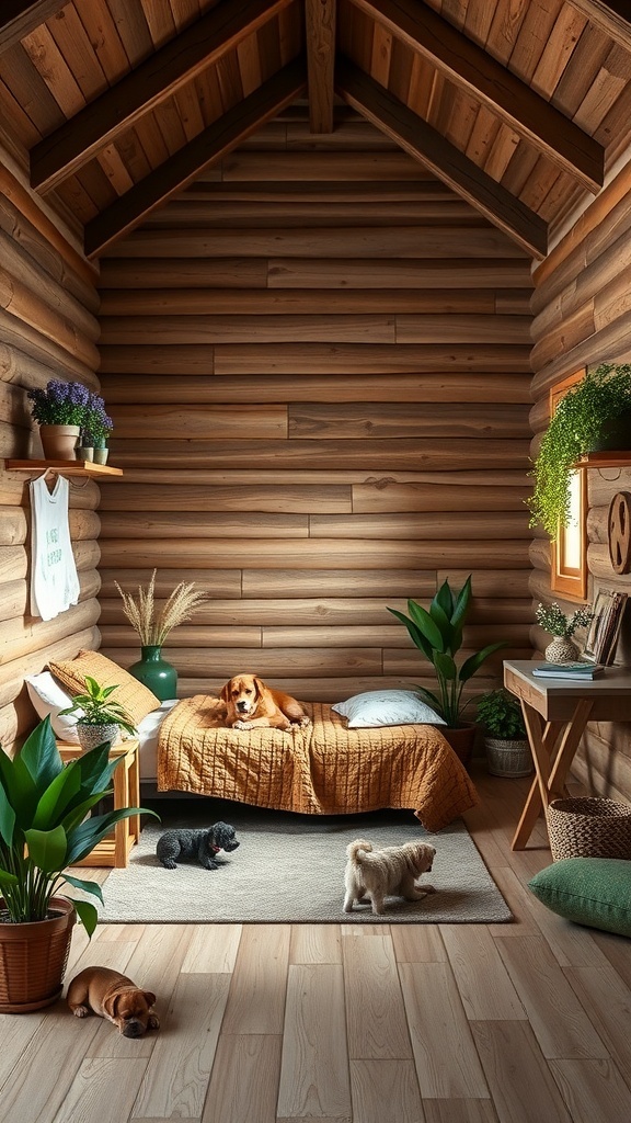 A cozy dog bedroom with wooden walls, plants, and several dogs relaxing.