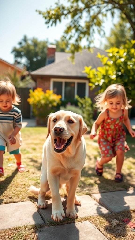 A happy Labrador Retriever playing with two children in a sunny backyard.