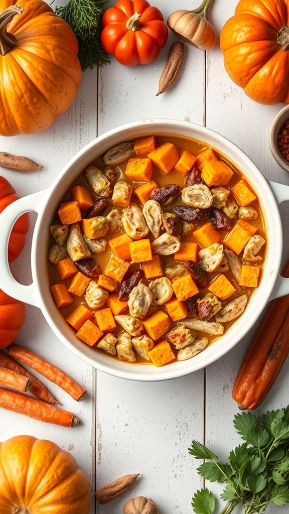 A casserole dish filled with turkey and pumpkin, surrounded by fresh vegetables and pumpkins.