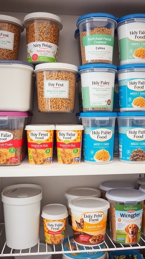 Organized dog food storage with labeled containers on a shelf.