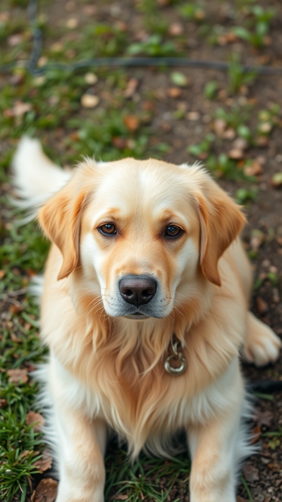 A Golden Retriever walking with its owner in a wheelchair on a city street.