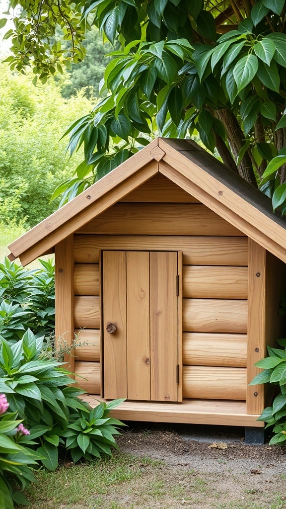 A rustic wooden dog house made of logs, surrounded by green plants and trees.