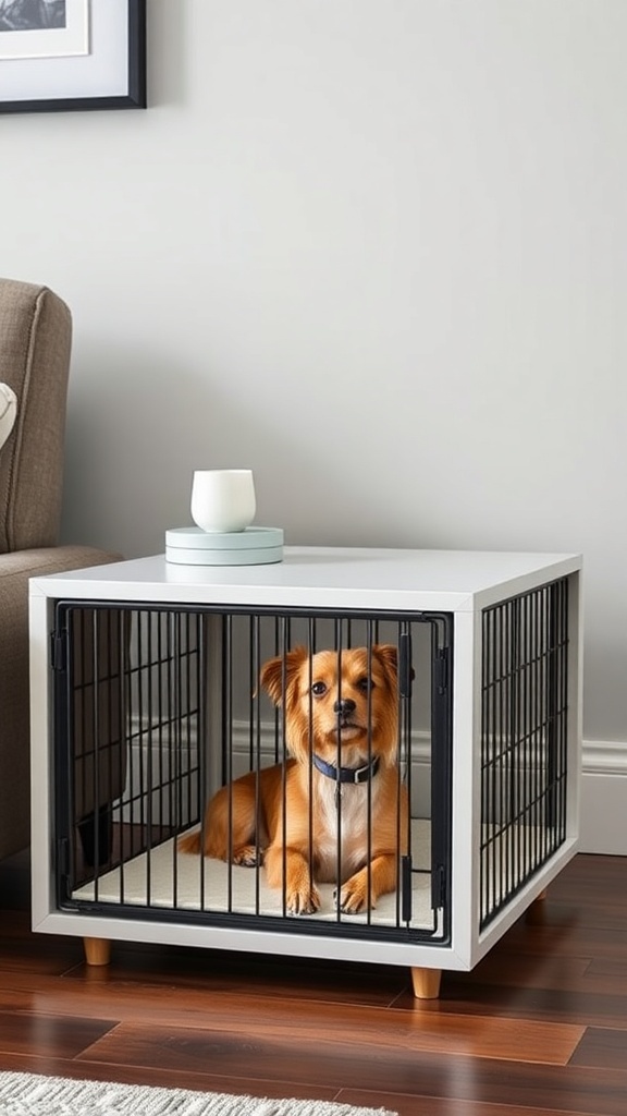 A stylish end table dog crate with a small dog inside, featuring a modern design and wooden legs.