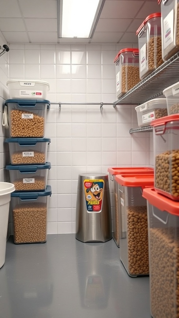 Organized dog food storage area with clear containers and a metal trash can.