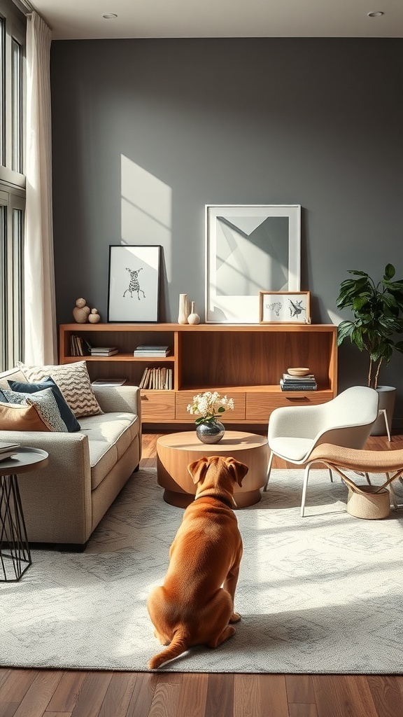 A cozy living room featuring a dog sitting on a rug, with stylish furniture and decor.