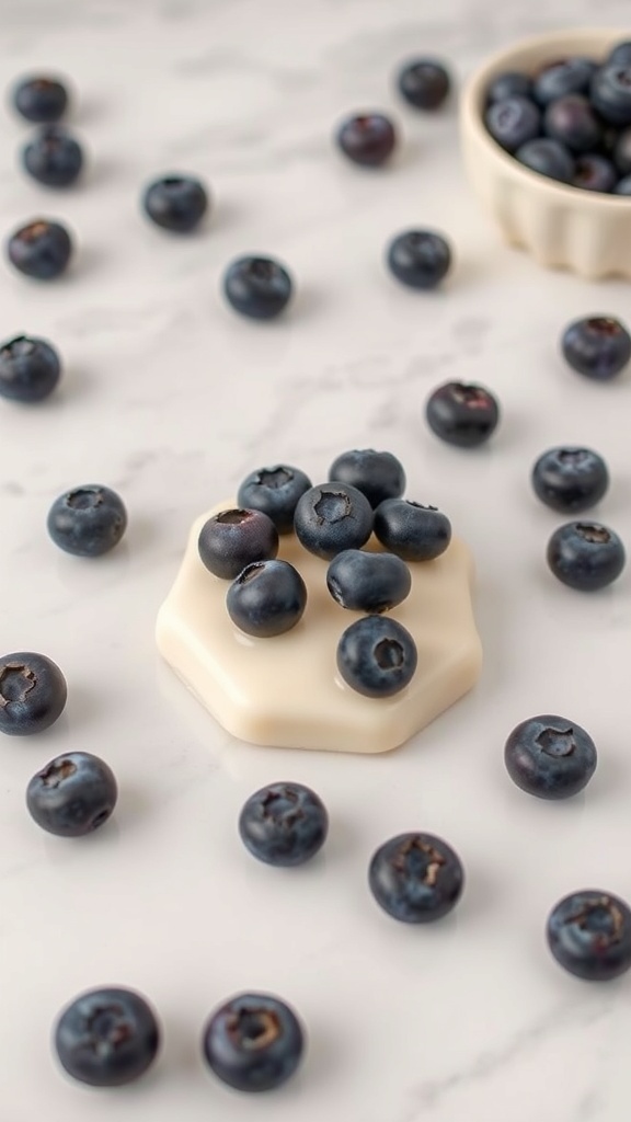 Blueberries scattered on a marble surface with a small bowl of blueberries.