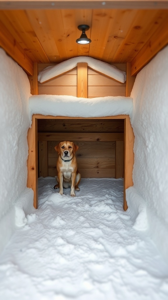 A cozy insulated dog kennel with a dog sitting inside, surrounded by snow.