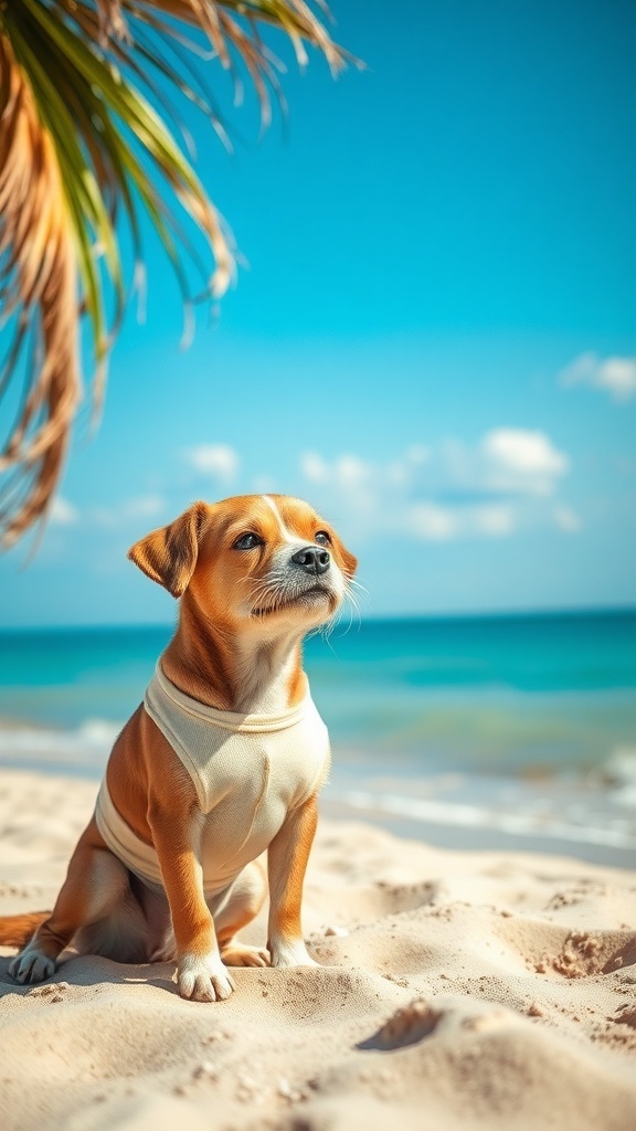 A small dog wearing a lightweight summer tank top sitting on the beach with a bright blue sky and ocean in the background.
