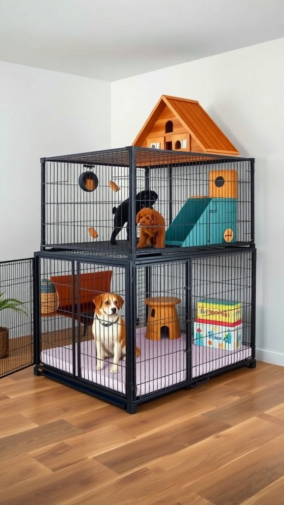 A multi-level dog crate with a play area, featuring a doghouse, slide, and two dogs inside.