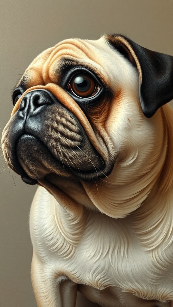 A realistic painting of a pug, showcasing its detailed features and expressive eyes.