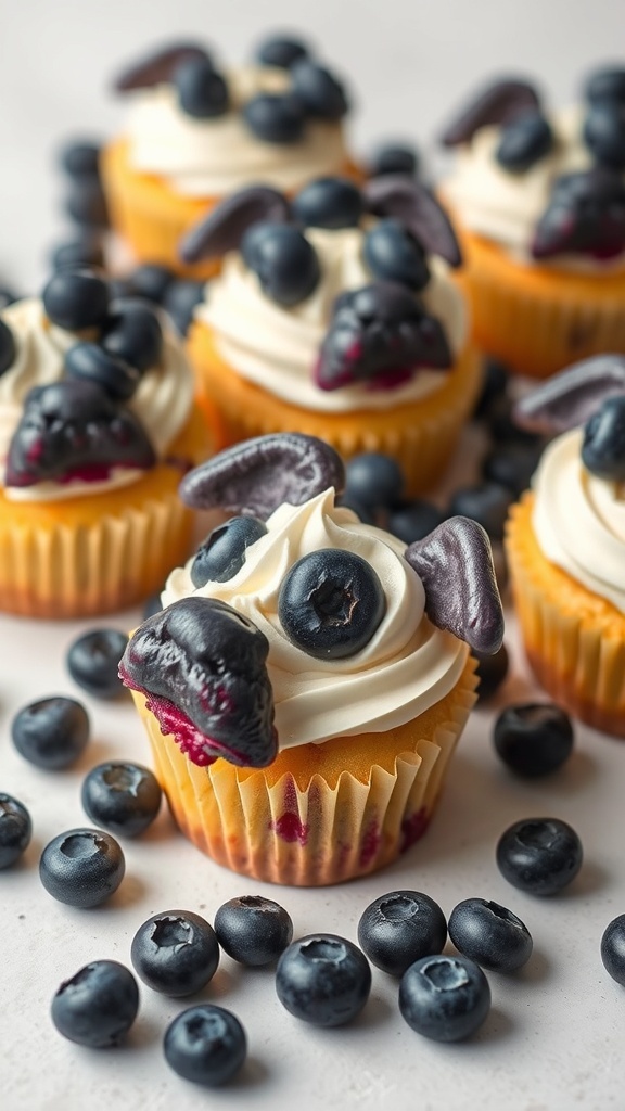 Cupcakes designed to look like dogs, topped with blueberries and yogurt frosting.