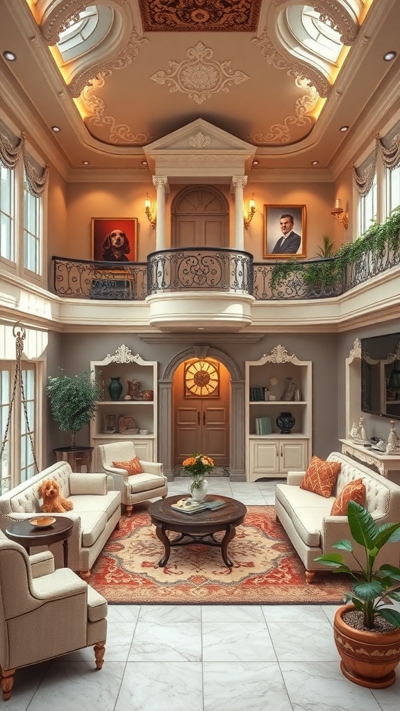 Luxurious dog mansion interior with elegant furniture and decor.