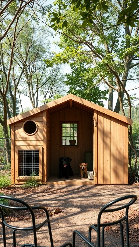 Eco-friendly wooden dog kennel in a natural setting with two dogs inside.