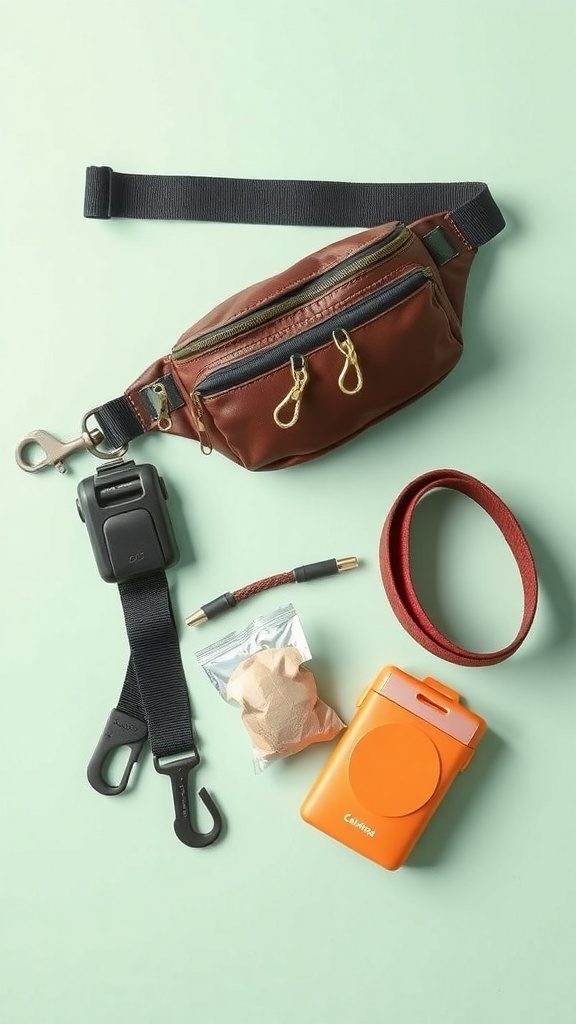 A collection of dog walking accessories including a brown fanny pack, a leash, a treat pouch, waste bags, and a clip-on item.